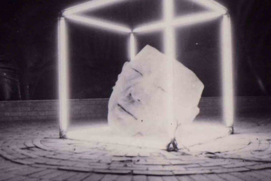 Serenity , ceramic head enclosed in a cube of fluorescent light