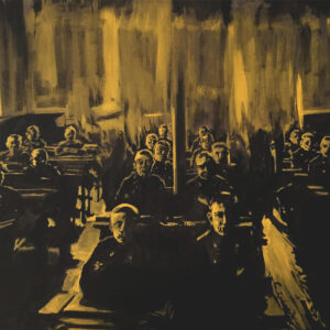 Military School, 1984 Acrylic on black canvas, 136 × 220 cm Painted using a single colour, yellow on black, the work relies on a process of chromatic reduction that heightens the intensity of light and contrast. In a dimly lit room, seated figures emerge from a muted, almost spectral yellow. Stripped of its natural warmth, the colour does not soften the scene. It makes it more tense, more silent. The figures sit close to one another, yet each seems enclosed in their own world. The atmosphere is one of authority, discipline and restraint. From this proximity without exchange emerges a sense of gravity and solitude. Military School explores what the collective imposes on the individual, and what remains private within a structure governed by rigour and discipline.
