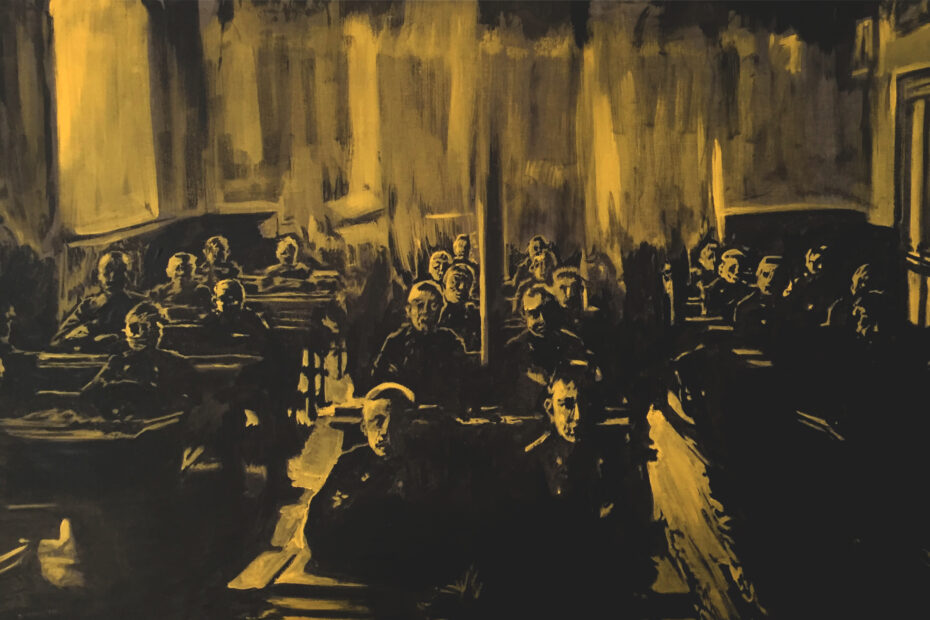 Military School, 1984 Acrylic on black canvas, 136 × 220 cm Painted using a single colour, yellow on black, the work relies on a process of chromatic reduction that heightens the intensity of light and contrast. In a dimly lit room, seated figures emerge from a muted, almost spectral yellow. Stripped of its natural warmth, the colour does not soften the scene. It makes it more tense, more silent. The figures sit close to one another, yet each seems enclosed in their own world. The atmosphere is one of authority, discipline and restraint. From this proximity without exchange emerges a sense of gravity and solitude. Military School explores what the collective imposes on the individual, and what remains private within a structure governed by rigour and discipline.