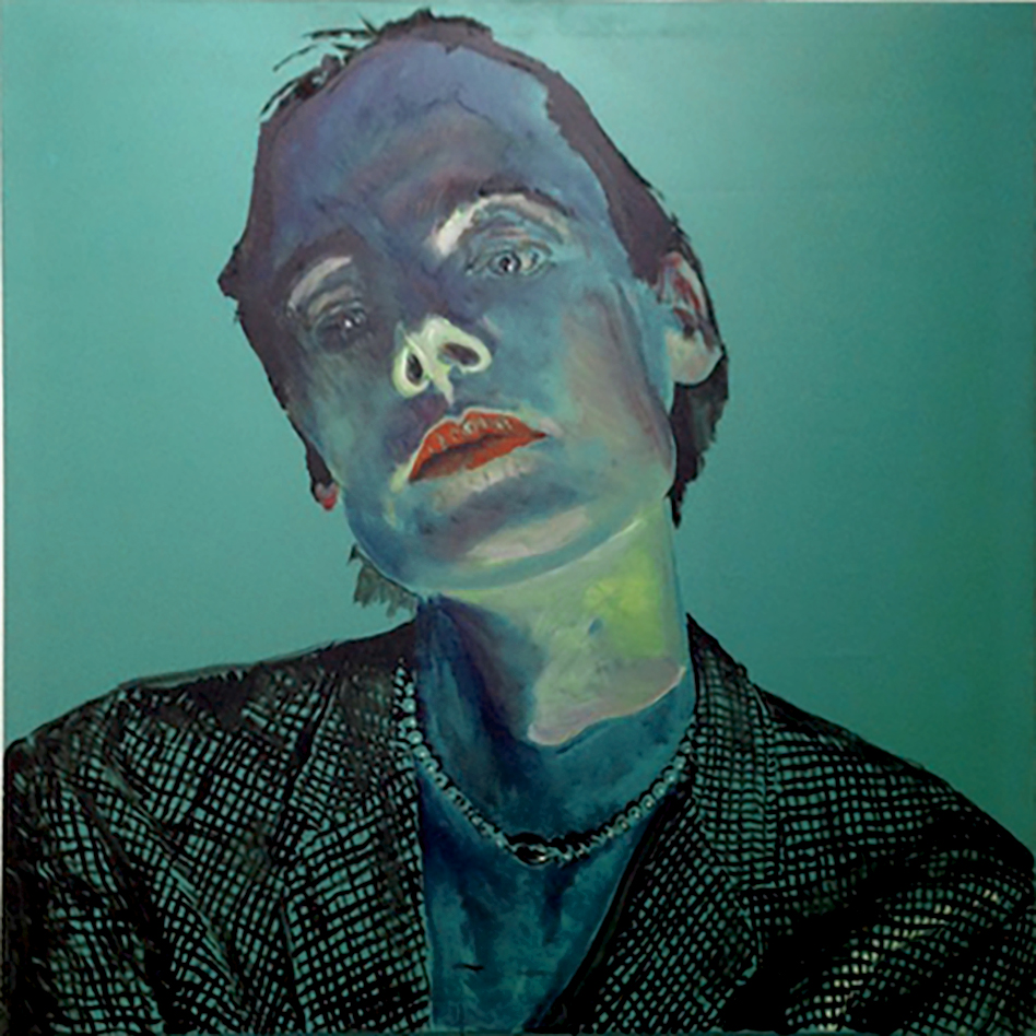 Consuelo's portrait Consuelo, 1986. Portrait of a face with a tilted head, painted in blue, violet and green tones on a turquoise background, with vivid red lips.