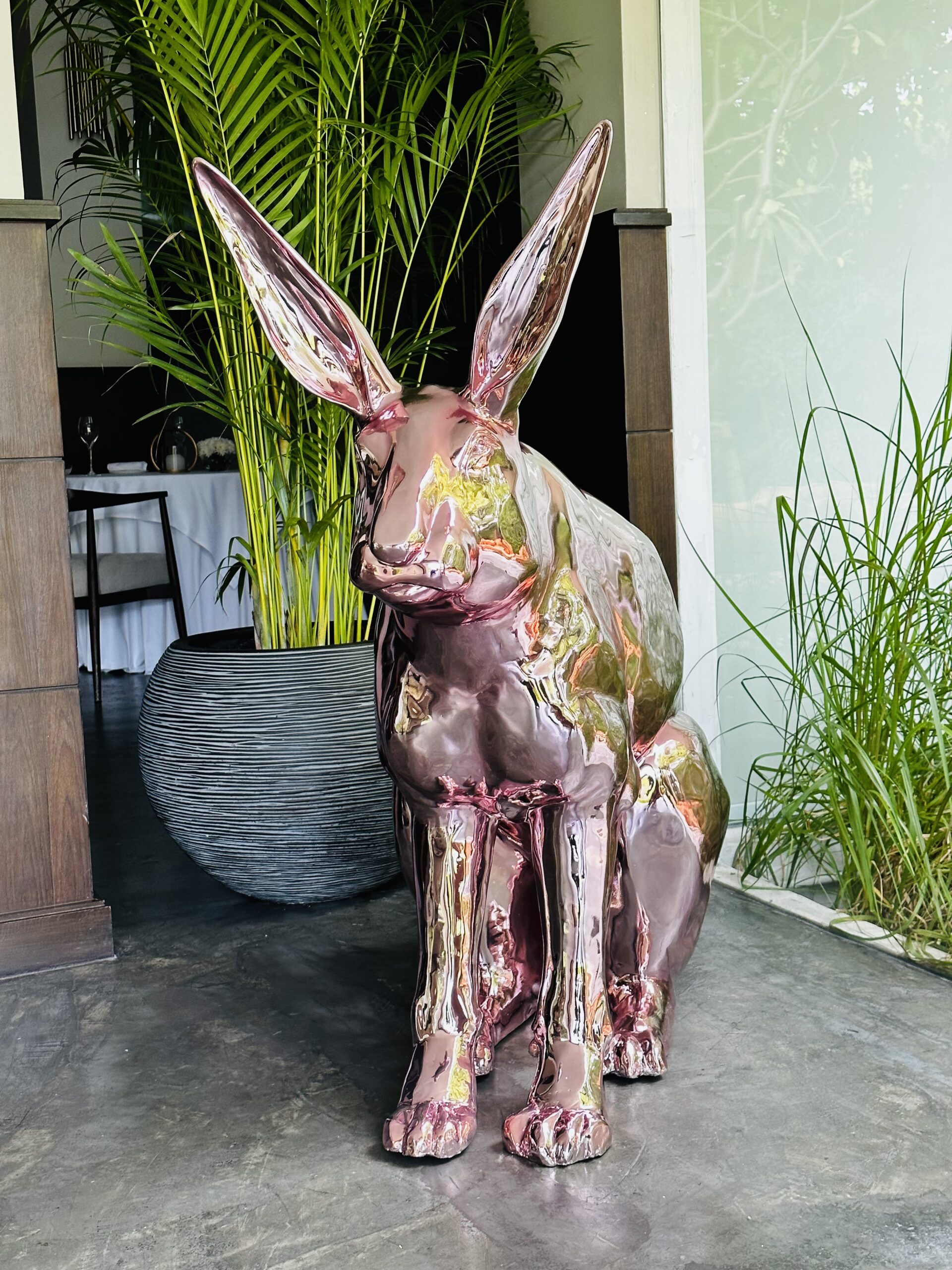 Alice, rose gold chromed brass rabbit sculpture by Bruno Tanquerel, 2023 edition