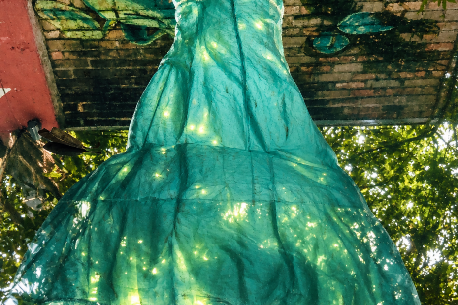 Empty organza dress lit with LED lights, suspended installation by Bruno Tanquerel, Ophelia, China House Penang 2018