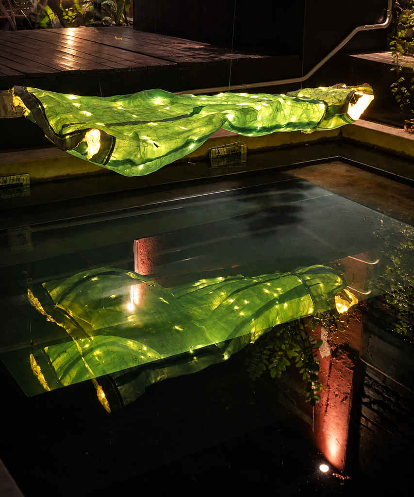 Ophelia installation by Bruno Tanquerel at night, illuminated dress reflected in water beside a Moroccan lantern, China House Penang