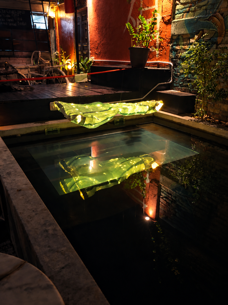 Wide view of Ophelia installation by Bruno Tanquerel in the courtyard of China House, George Town, Penang, 2018