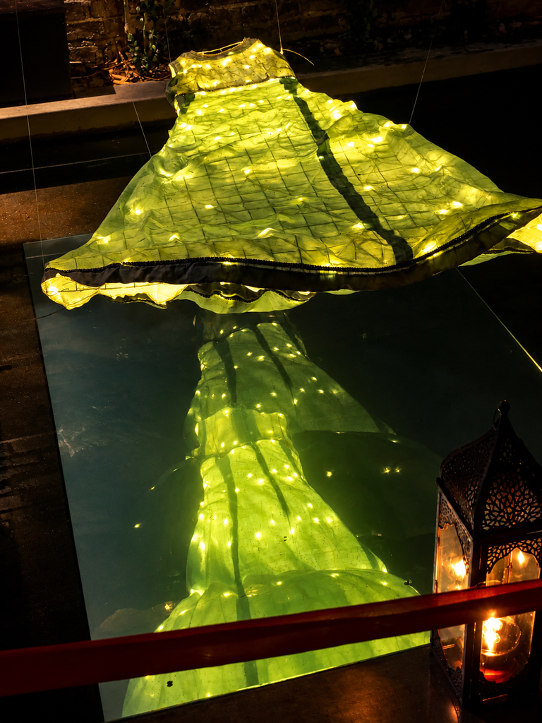Ophelia light installation reflected in dark water, Bruno Tanquerel, China House George Town Penang 2018