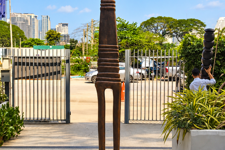 Androgyne, monumental bronze sculpture, 250 cm high, elongated abstract human figure.