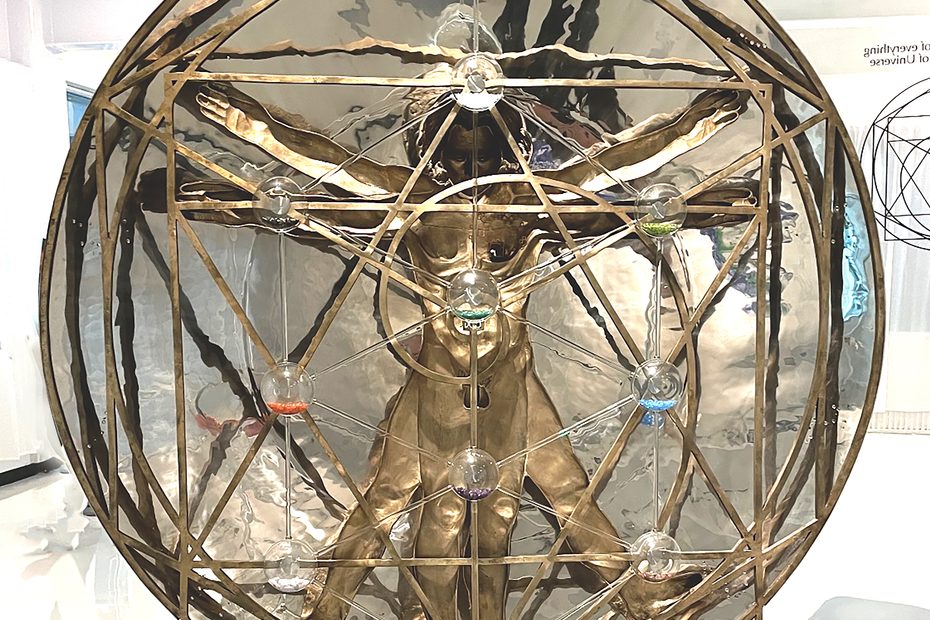 Tree of Life, 2019/2021, bronze Vitruvian self-portrait in concave relief inside a mirror-polished stainless steel sphere with glass spheres and gemstones